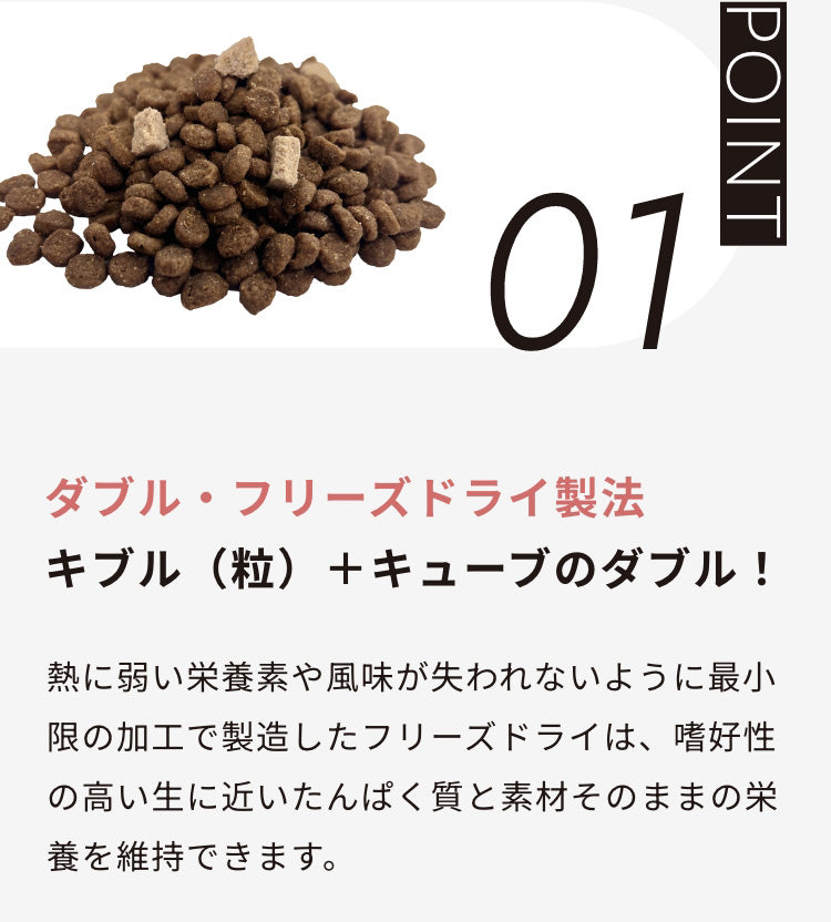POINT 1 ダブル・フリーズドライ製法  キブル（粒）＋キューブのダブル！ 熱に弱い栄養素や風味が失われないように最小限の加工で製造したフリーズドライは、嗜好性の高い生に近いたんぱく質と素材そのままの栄養を維持できます。